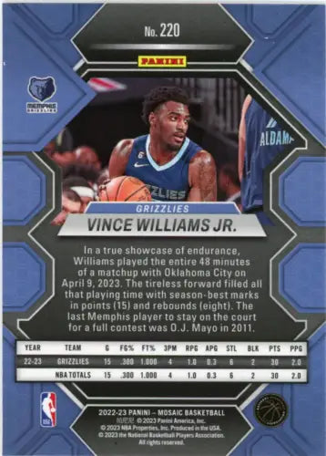 Vince Williams Jr. 2022-23 Panini Mosaic Rookie Card Memphis Grizzlies NM-MT