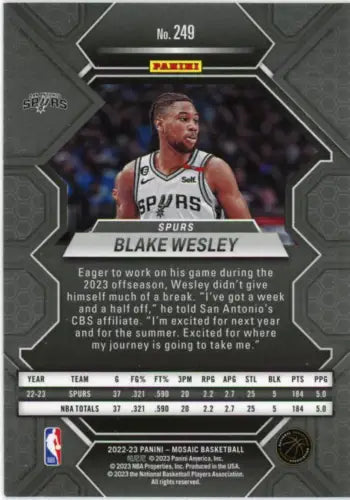 Blake Wesley 2022-23 Panini Mosaic Rookie Card San Antonio Spurs NM-MT