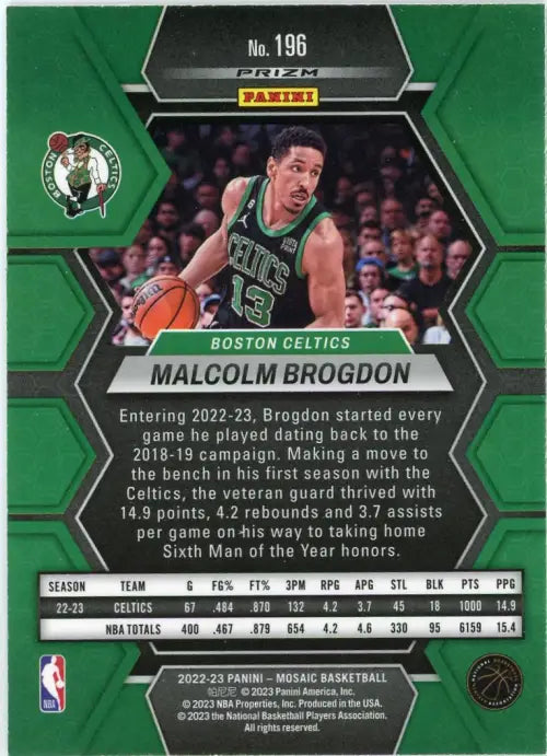 Malcolm Brogdon 2022-23 Panini Mosaic Green basketball card featuring Boston Celtics