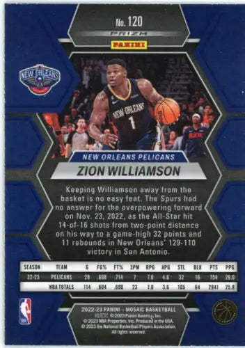 Zion Williamson basketball card from 2022-23 Panini Mosaic Reactive Yellow set