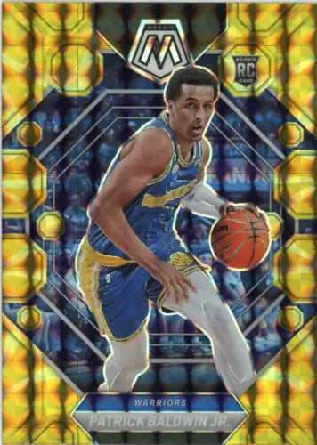 Basketball player in blue and gold Warriors uniform on 2022-23 Panini Mosaic Reactive Yellow card