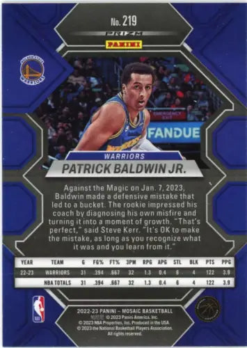 Patrick Baldwin Jr. basketball card from 2022-23 Panini Mosaic Reactive Yellow set