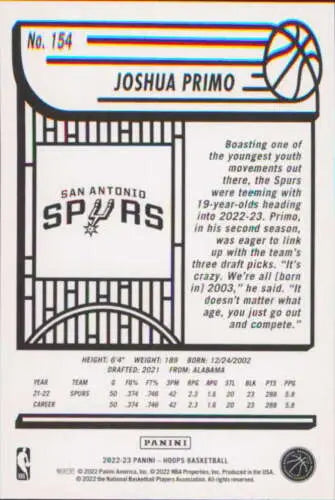 2022-23 Panini NBA Hoops #154 Joshua Primo NM-MT Spurs basketball card original gloss