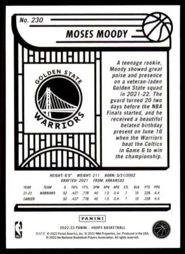 Moses Moody basketball card from 2022-23 Panini NBA Hoops featuring original gloss design