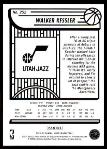 Basketball trading card featuring Utah Jazz branding and player stats from Panini NBA Hoops