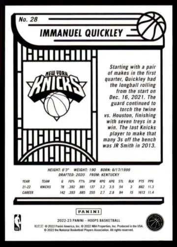 Basketball trading card featuring New York Knicks logo and player stats, Panini NBA Hoops