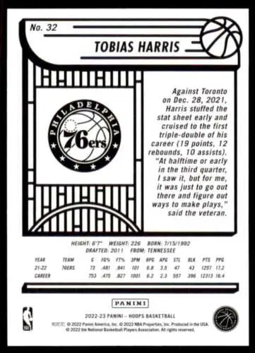 Basketball card back of 2022-23 Panini NBA Hoops Tobias Harris with original gloss