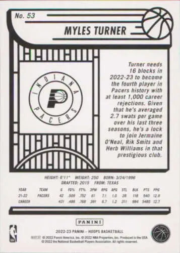 Myles Turner 2022-23 Panini NBA Hoops #53 basketball card with original gloss finish