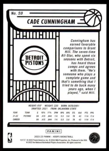 Cade Cunningham basketball card from 2022-23 Panini NBA Hoops with original gloss finish