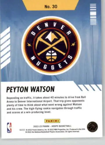 Peyton Watson basketball card from 2022-23 Panini NBA Hoops Arriving Now with original gloss