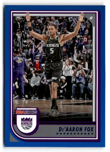 DeAaron Fox basketball card from 2022-23 Panini NBA Hoops Blue featuring original gloss