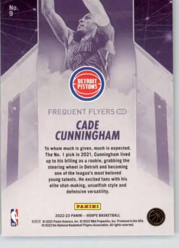 Cade Cunningham basketball card from 2022-23 Panini NBA Hoops Frequent Flyers collection