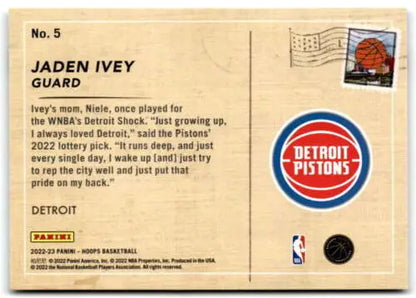 Jaden Ivey basketball card from 2022-23 Panini NBA Hoops Rookie Greetings NM-MT