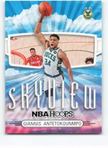 Giannis Antetokounmpo basketball card from 2022-23 Panini NBA Hoops Skyview series