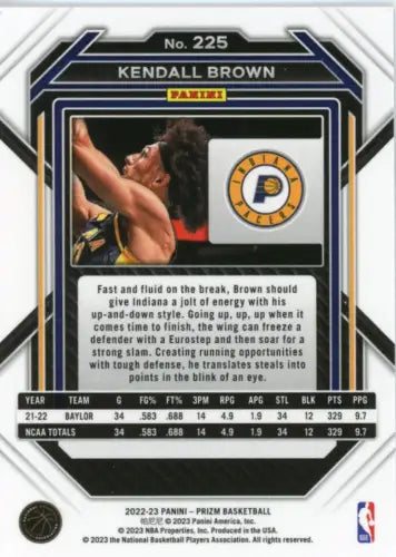 2022-23 Panini Prizm #225 Kendall Brown Rookie Indiana Pacers Basketball Card