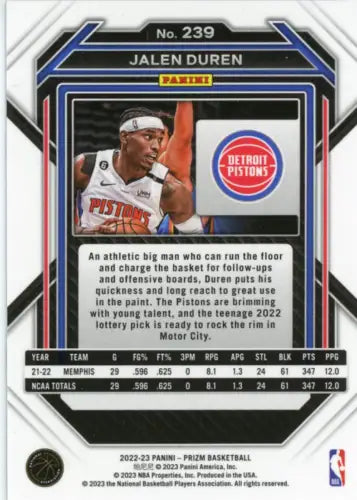 Jalen Duren 2022-23 Panini Prizm Rookie Basketball Card Detroit Pistons NM-MT