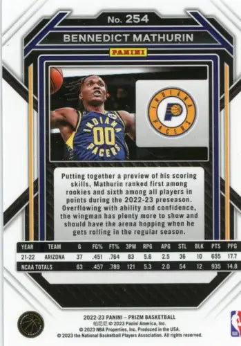 Benedict Mathurin 2022-23 Panini Prizm Rookie Card for Indiana Pacers NM-MT