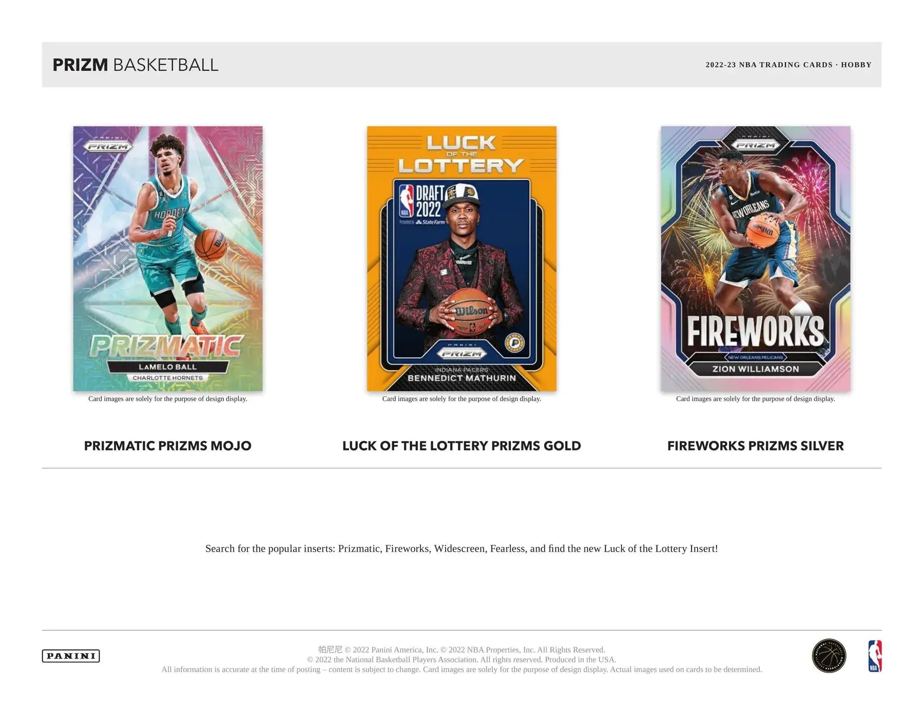 Advertisement featuring 2022-23 Panini Prizm Basketball Hobby Box and card designs