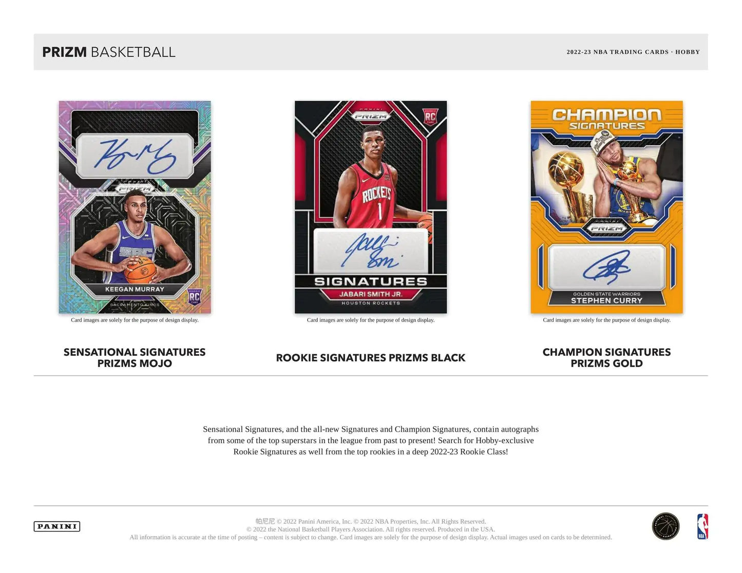 Advertisement for 2022-23 Panini Prizm Basketball Hobby Box with Sensational Signatures cards