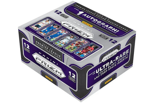 Box of Panini Prizm English Premier League Soccer cards with 12 packs and base prizms