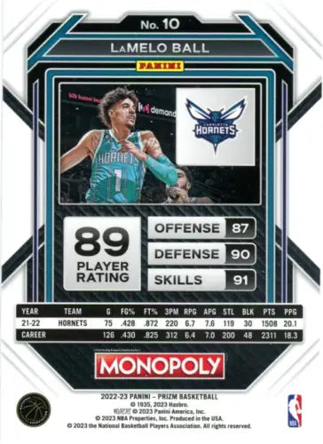 LaMelo Ball basketball card from 2022-23 Panini Prizm Monopoly Charlotte Hornets