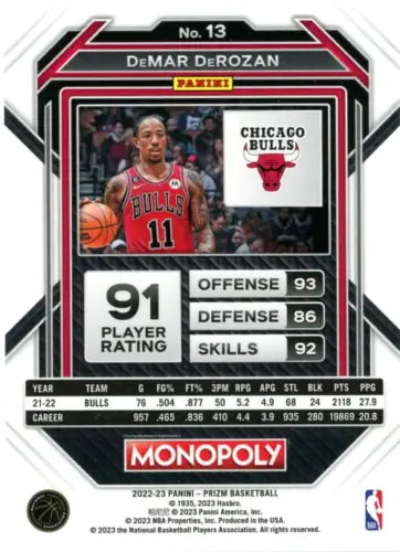 DeMar DeRozan basketball card from 2022-23 Panini Prizm Monopoly #13 Chicago Bulls