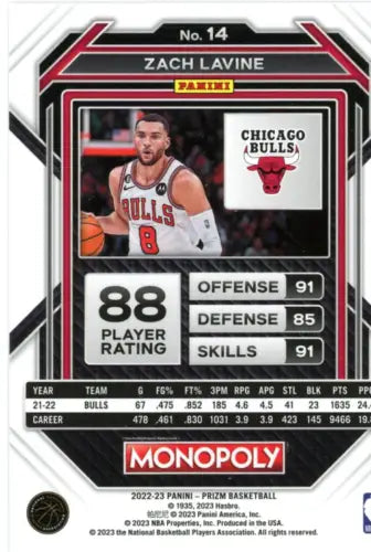 Zach Lavine Chicago Bulls card from 2022-23 Panini Prizm Monopoly collection