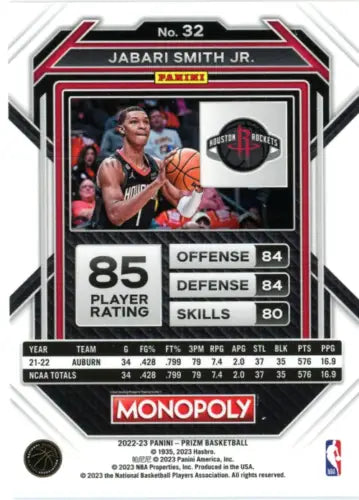 Jabari Smith Jr. Rookie Basketball Card from 2022-23 Panini Prizm Monopoly series