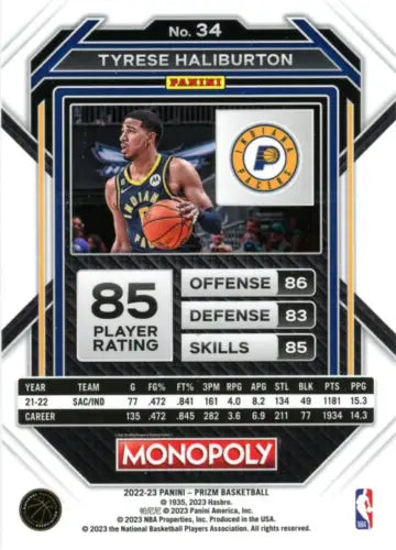 Tyrese Haliburton basketball card from 2022-23 Panini Prizm Monopoly series