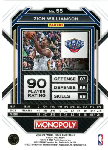 Zion Williamson basketball card from 2022-23 Panini Prizm Monopoly New Orleans Pelicans