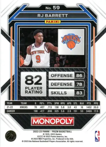 RJ Barrett basketball card from 2022-23 Panini Prizm Monopoly NBA collection