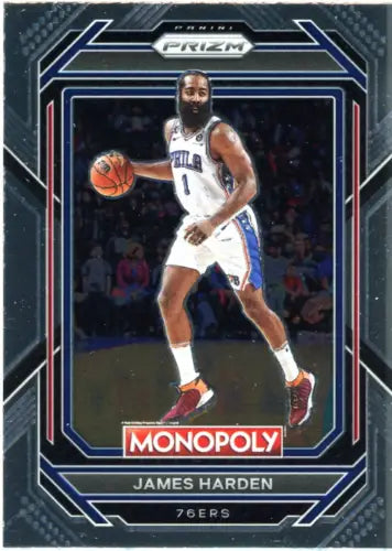 James Harden basketball card from 2022-23 Panini Prizm Monopoly #68 Philadelphia 76ers