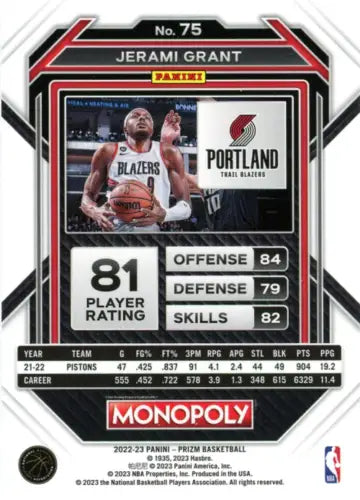 Jerami Grant basketball card from 2022-23 Panini Prizm Monopoly #75 Portland Trail Blazers