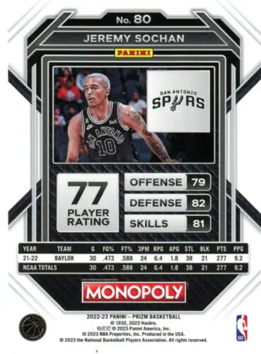 Jeremy Sochan basketball card from 2022-23 Panini Prizm Monopoly #80 San Antonio Spurs