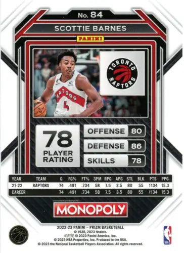 Scottie Barnes 2022-23 Panini Prizm Monopoly NBA Card for Toronto Raptors collectors