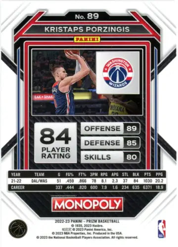 Kristaps Porzingis 2022-23 Panini Prizm Monopoly basketball card Washington Wizards NM-MT