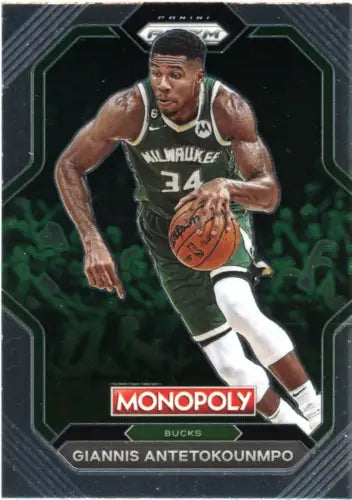 Giannis Antetokounmpo basketball card from 2022-23 Panini Prizm Monopoly All-Stars