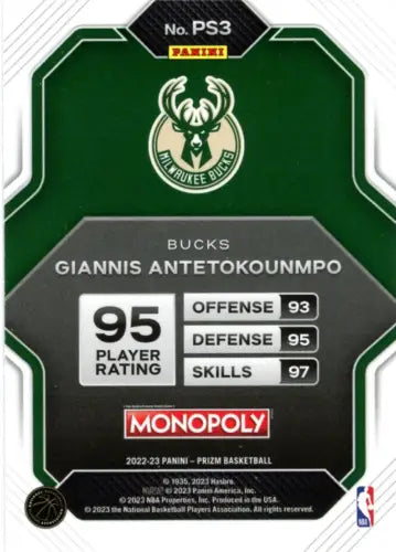 Giannis Antetokounmpo basketball card from 2022-23 Panini Prizm Monopoly All-Stars set