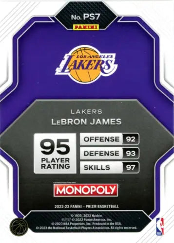 LeBron James basketball card from 2022-23 Panini Prizm Monopoly, LA Lakers NBA collectible