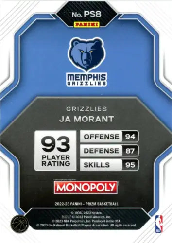 Ja Morant basketball card from 2022-23 Panini Prizm Monopoly All-Stars set