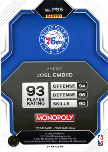 Basketball trading card of Joel Embiid from 2022-23 Panini Prizm Monopoly All-Stars