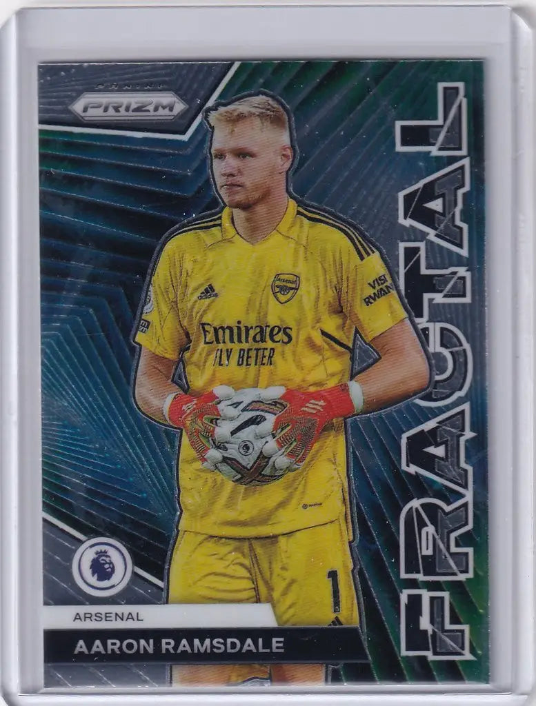 Soccer trading card of Aaron Ramsdale in yellow Arsenal jersey, Panini Prizm Premier League