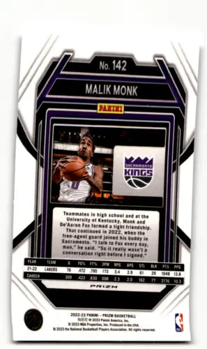 Malik Monk basketball card from 2022-23 Panini Prizm Prizms Silver collection