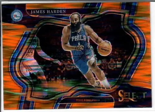 James Harden basketball card from 2022-23 Panini Select Orange Flash Prizms collection