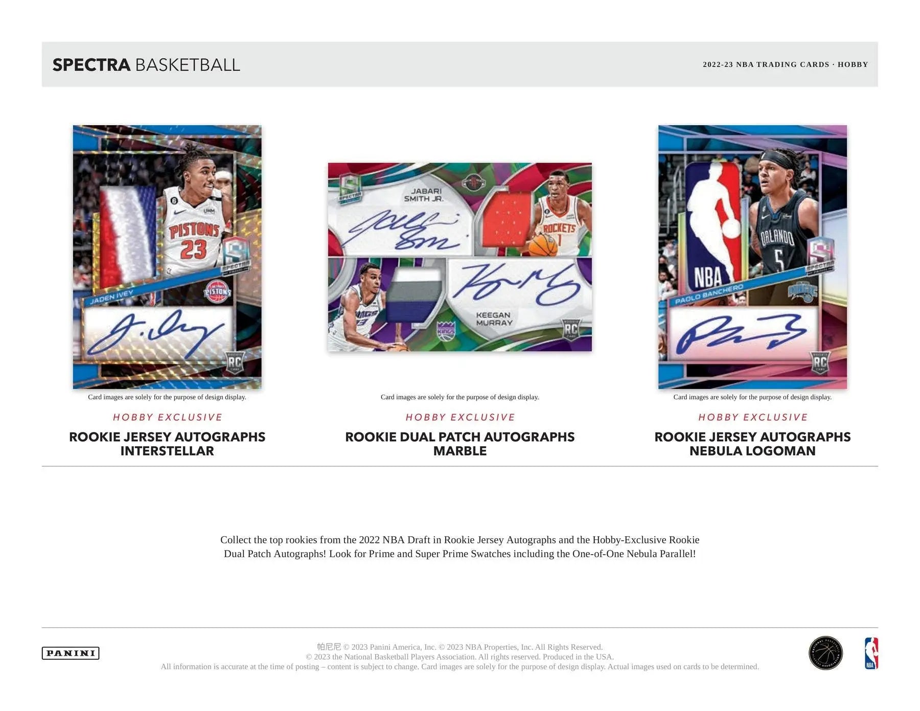 Three NBA rookie trading cards with jersey autographs from 2022-23 Panini Spectra