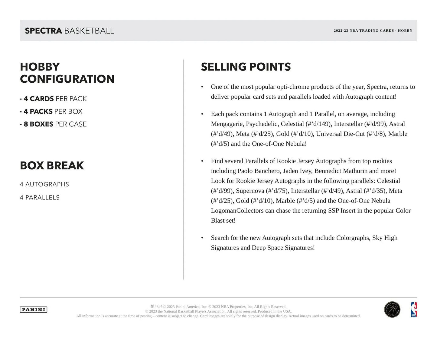 Product information sheet for 2022-23 Panini Spectra Basketball Hobby Box with rookie jersey autographs