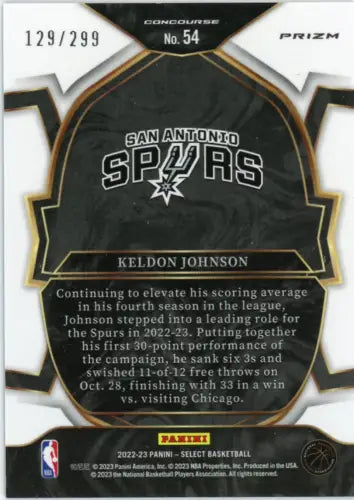 Keldon Johnson 2022-23 Select Light Blue #54 San Antonio Spurs Card NM-MT /299