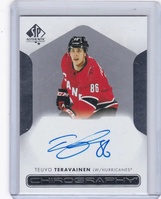 Hockey trading card of Teuvo Teravainen Chirography Auto in red jersey