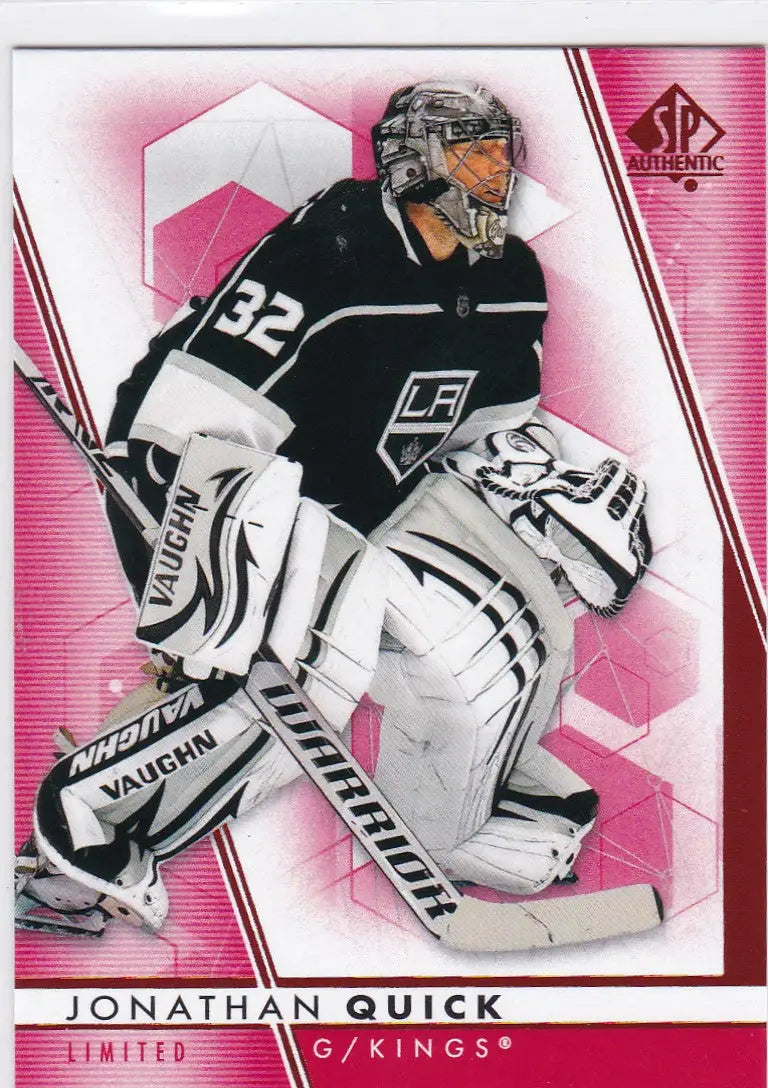 Hockey goalie Jonathan Quick in black and white Kings uniform for Authentic Limited Red