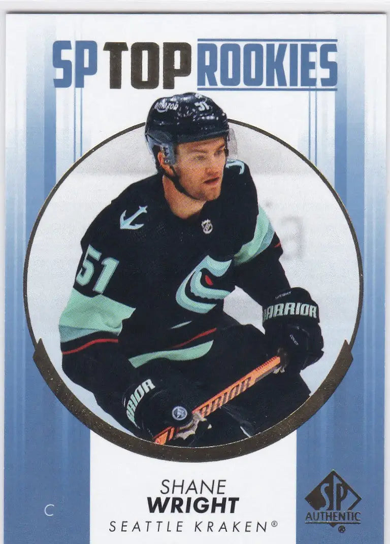 Hockey trading card of Shane Wright, a top rookie for Seattle Kraken in dark jersey